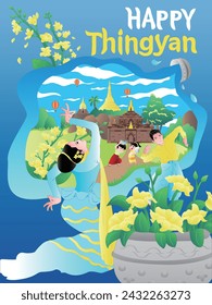 Myanmar traditional water splashing festival vector illustration poster