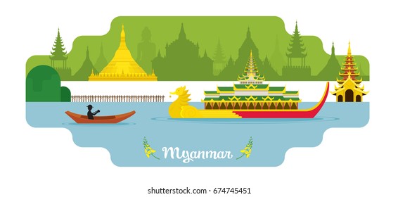 Myanmar Travel and Attraction Landmarks, Famous Place, Cityscape, Lake and Land