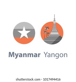 Myanmar travel destination, Yangon symbol, Shwedagon pagoda, tourism concept, culture and architecture, famous landmark, round flag, vector icon, flat illustration