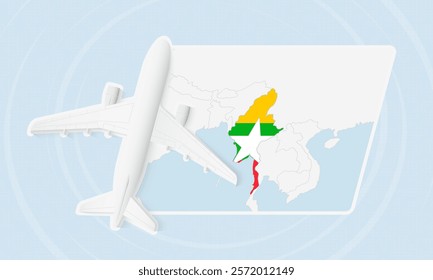 Myanmar Travel Illustration with Plane and National Flag. Ideal for travel agencies, promotional materials, or geographic content related to Myanmar.