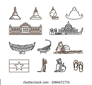 Myanmar Travel Land Mark, Vector, Illustration, Icon Set.