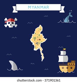 Myanmar treasure map in flat design. Colorful cartoon treasure map of Myanmar with flat design icons of pirate ship and jolly roger. Myanmar flat design vector illustration.