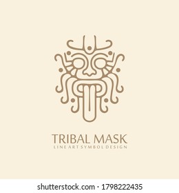 Myanmar tribal style line art symbol. Lion face logo design with stick out tongue. Traditional ancient tattoo drawing. Asian culture icon template.