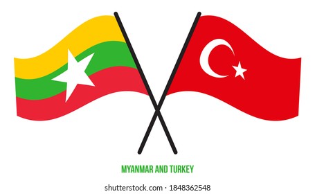 Myanmar and Turkey Flags Crossed And Waving Flat Style. Official Proportion. Correct Colors.