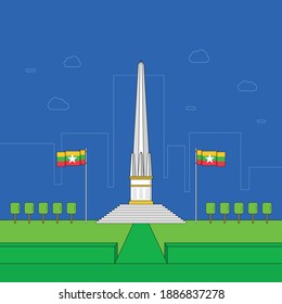 Myanmar Union Day or Independence Day Concept Design with Myanmar Flag, National Independence Monument in Maha Bandula Park Landscape, Yangon, Myanmar Vector Illustration