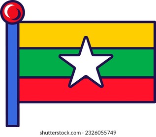 Myanmar union national flag on flagpole vector. Horizontal triband of yellow, green and red with white star on center of official symbolic of independence and patriotism flat cartoon illustration