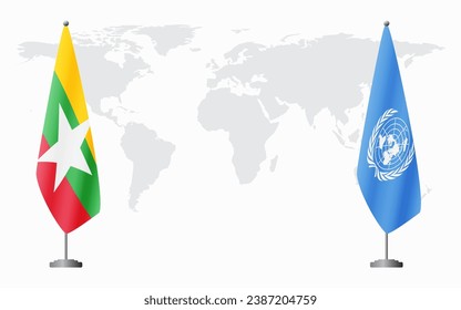  Myanmar and United Nations flags for official meeting against background of world map.