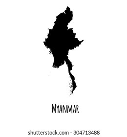 Myanmar vector black outline map with caption on white background. 