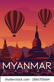 Myanmar Vector Illustration Background. Travel to Bagan Myanmar. Flat Cartoon Vector Illustration in Colored Style.