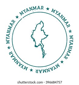 Myanmar vector map. Retro vintage insignia with Myanmar map. Distressed visa stamp with Myanmar text wrapped around a circle and stars. Country map vector illustration.
