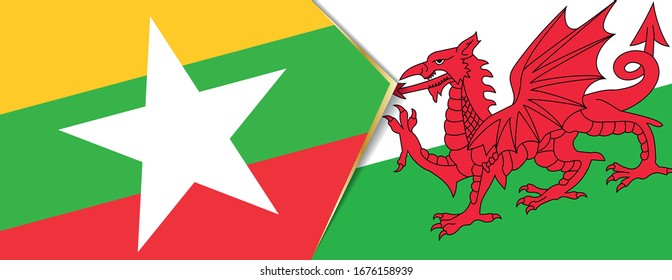 Banderas de Myanmar y Gales, dos banderas vectoriales símbolo de relación o confrontación.