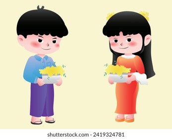 Myanmar Water Festival Cute Characters Illustration Vector