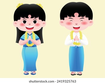 Myanmar Water Festival Cute Characters Illustration Vector