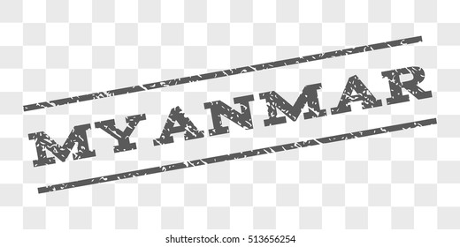 Myanmar watermark stamp. Text caption between parallel lines with grunge design style. Rubber seal stamp with dirty texture. Vector grey color ink imprint on a chess transparent background.
