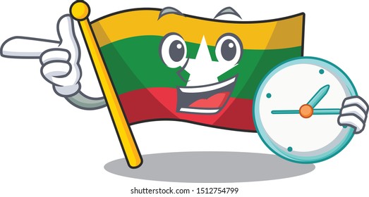 Myanmar waving flag with clock, hoisted on pole, cartoon character.