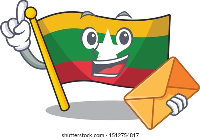 Myanmar waving flag with envelope, hoisted on pole, cartoon character.