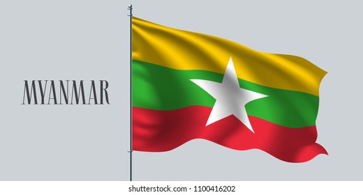 Myanmar waving flag on flagpole vector illustration. Red yellow  element of Burma wavy realistic flag as a symbol of country 