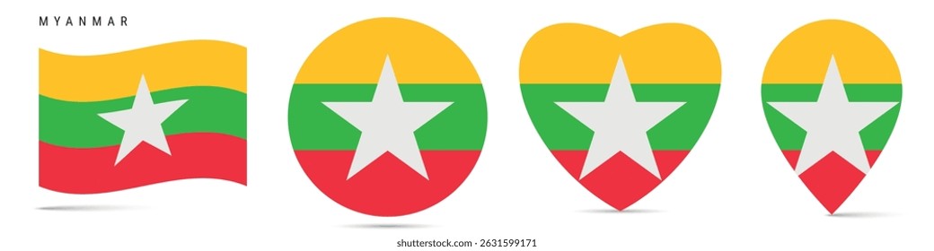 Myanmar waving flag, round circle sticker badge, heart shaped icon, map pin. Burma flag buttons of different shapes. Vector illustration isolated on white.