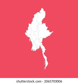 myanmar white map with black detail isolated red background 