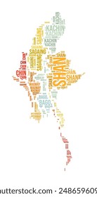 Nube de palabras de Myanmar. Forma Country con división por regiones. Imagen de estilo tipográfico de Myanmar. Nubes de etiquetas de nombres de región. Ilustración vectorial.
