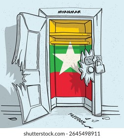 O caminho de Myanmar para a liberdade. Ilustração política de uma porta quebrada, mas trancada, com a bandeira nacional. Uma metáfora para luta e esperança.