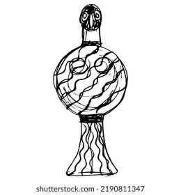 Mycenaean bird goddess. Ancient Greek folk art. Hand drawn linear doodle rough sketch. Black silhouette on white background.