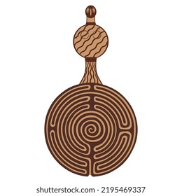 Mycenaean bird goddess standing on top of a round spiral maze or labyrinth symbol. Creative concept. Mystery of ancient Greek culture. Isolated vector illustration.