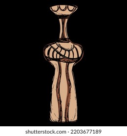 Mycenaean figurine of stylized woman or goddess. Ancient Greek art. Hand drawn colorful sketch. On black background.