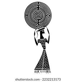 Mycenaean woman holding a round spiral maze or labyrinth symbol. Ariadne. Mystery of a goddess. Creative concept. Ethnic Cretan Minoan art. Black and white silhouette.