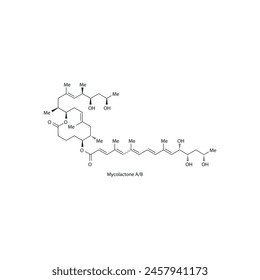 Mycolactone AB skeletal structure diagram.macrolide toxin compound molecule scientific illustration on white background.