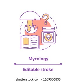 Mycology concept icon. Science idea thin line illustration. Study of fungi. Mushroom, textbook, homemade preserve. Vector isolated outline drawing. Editable stroke