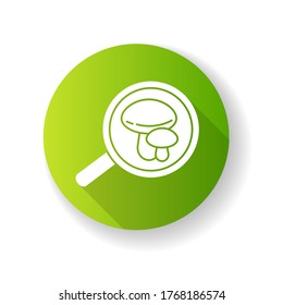 Mycology green flat design long shadow glyph icon. Natural science branch. Fungi biology study and research, mushroom hunting. Mushrooms under magnifying glass silhouette RGB color illustration