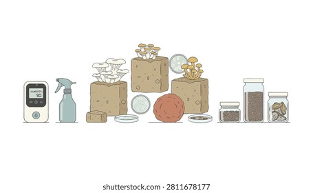 Mycology setup featuring mushrooms, humidity gauges, spray bottles, and various specimens in glass jars for laboratory study.