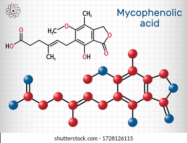 Mycophenolic acid, MPA, mycophenolate, C17H20O6 molecule. It is an immunosuppresant drug and potent anti-proliferative. Sheet of paper in a cage. Vector illustration