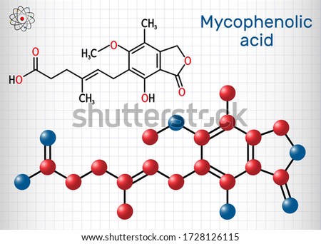 Mycophenolic acid, MPA, mycophenolate, C17H20O6 molecule. It is an immunosuppresant drug and potent anti-proliferative. Sheet of paper in a cage. Vector illustration