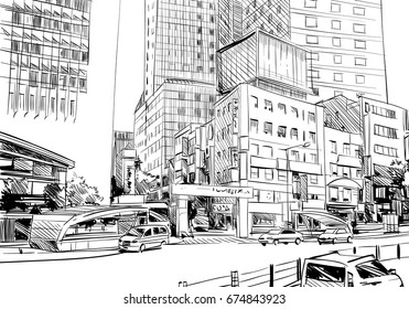 Myeongdong Street. Seoul. The Republic of Korea. Hand drawn city sketch. Vector illustration.