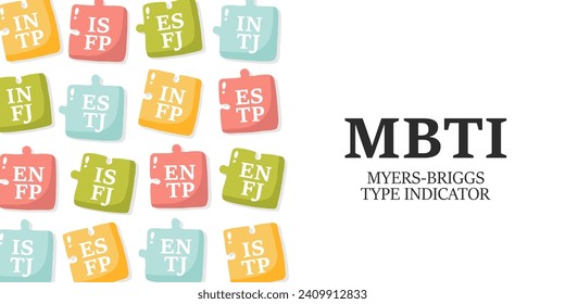 Myers-Briggs type indicator on the pazzle shape. MBTI psychological test and magnifier. Introversion, extraversion, feeling, judging, sensing, intuition, thinking, perceiving. Flat vector illustration