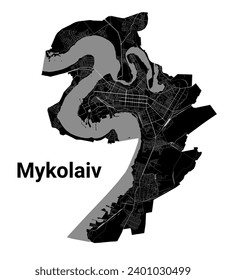 Mapa de la ciudad de Mykolaiv, Ucrania. Fronteras administrativas municipales, mapa de zonas negras y blancas con ríos y carreteras, parques y ferrocarriles. Ilustración vectorial.