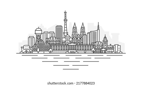 Mykolaiv city, Ukraine architecture line skyline illustration. Linear vector Nikolaev cityscape with famous landmarks, city sights, design icons. Landscape with editable strokes.