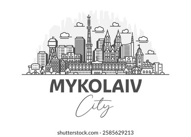 Mykolaiv, Ukraine architecture line skyline illustration with shadows. Linear vector cityscape with famous landmarks, city sights, design icons.