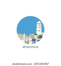 Mykonos cityscape, vector badge, flat skyline logo, icon. Greece island, Chora town round emblem idea with landmarks and building silhouettes. Isolated graphic