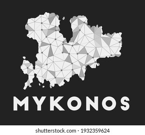 Mykonos - Kommunikationsnetzplan der Insel. Mykonos trendiges geometrisches Design auf dunklem Hintergrund. Technologie, Internet, Netzwerk, Telekommunikationskonzept. Vektorgrafik.