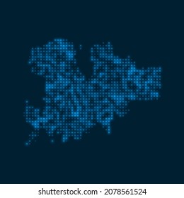 Mapa brillante con puntos de Mykonos. Forma de la isla con bombillas azules brillantes. Ilustración vectorial.