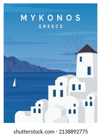 Fondo de Ilustración del Vector de grecia de Mykonos. Ilustración de vectores de dibujos planos en estilo de color. adecuado para tarjeta, afiche, impresión de arte