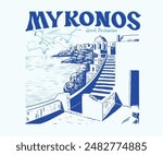 Mykonos Greek island vector art, summer travel city landscape, holidays outdoor artwork for t shirt, poster, graphic print, travel Greece hand drawn illustration