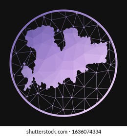 Mykonos icon. Vector polygonal map of the island. Mykonos icon in geometric style. The island map with purple low poly gradient on dark background.