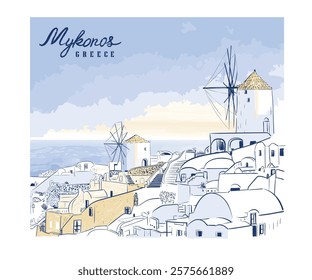 Mykonos island Greece vector images, Greece travel hand drawn vector art, European summer vacation art for t shirt, poster, graphic print, watercolor landscape