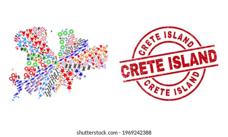 Mykonos Island map mosaic and distress Crete Island red round stamp seal. Crete Island seal uses vector lines and arcs. Mykonos Island map mosaic includes gears, homes, lamps, suns, hands,