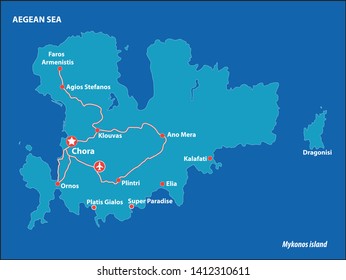 Mykonos Island Vector Map Greece. This is a very detailed map of Mykonos Island in Greece Aegean sea. It has a layer with roads and major cities.