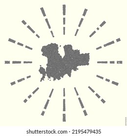 Mykonos Logo. Grunge sunburst poster with map of the island. Shape of Mykonos filled with hex digits with sunburst rays around. Appealing vector illustration.